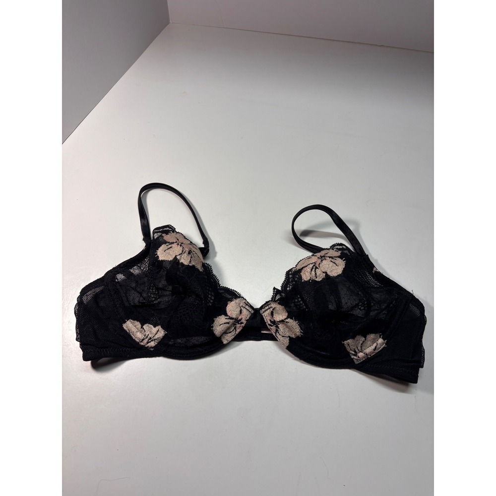 Victoria's Secret Black Pink Floral Lace Unlined Demi Underwire Bra 36B